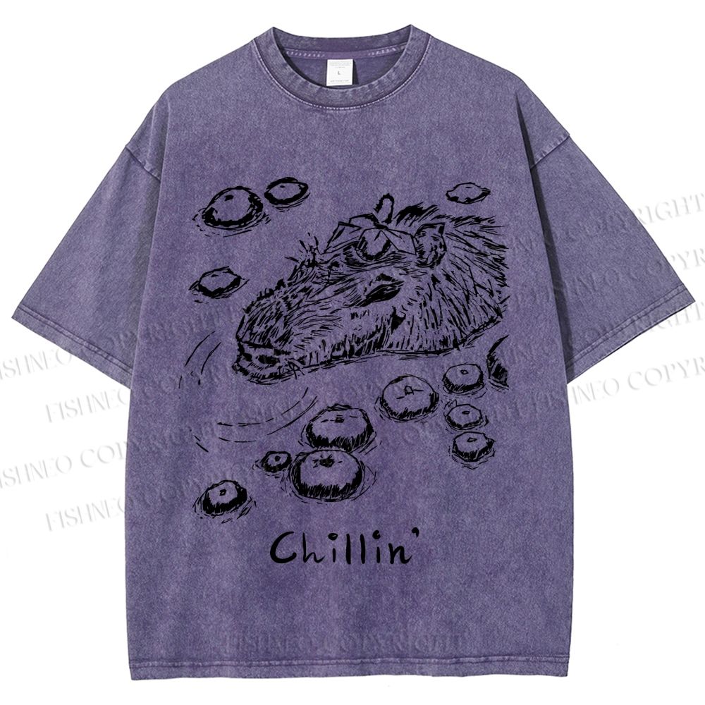 Unisex Vintage Chilling Capybara Printed Washed Tee