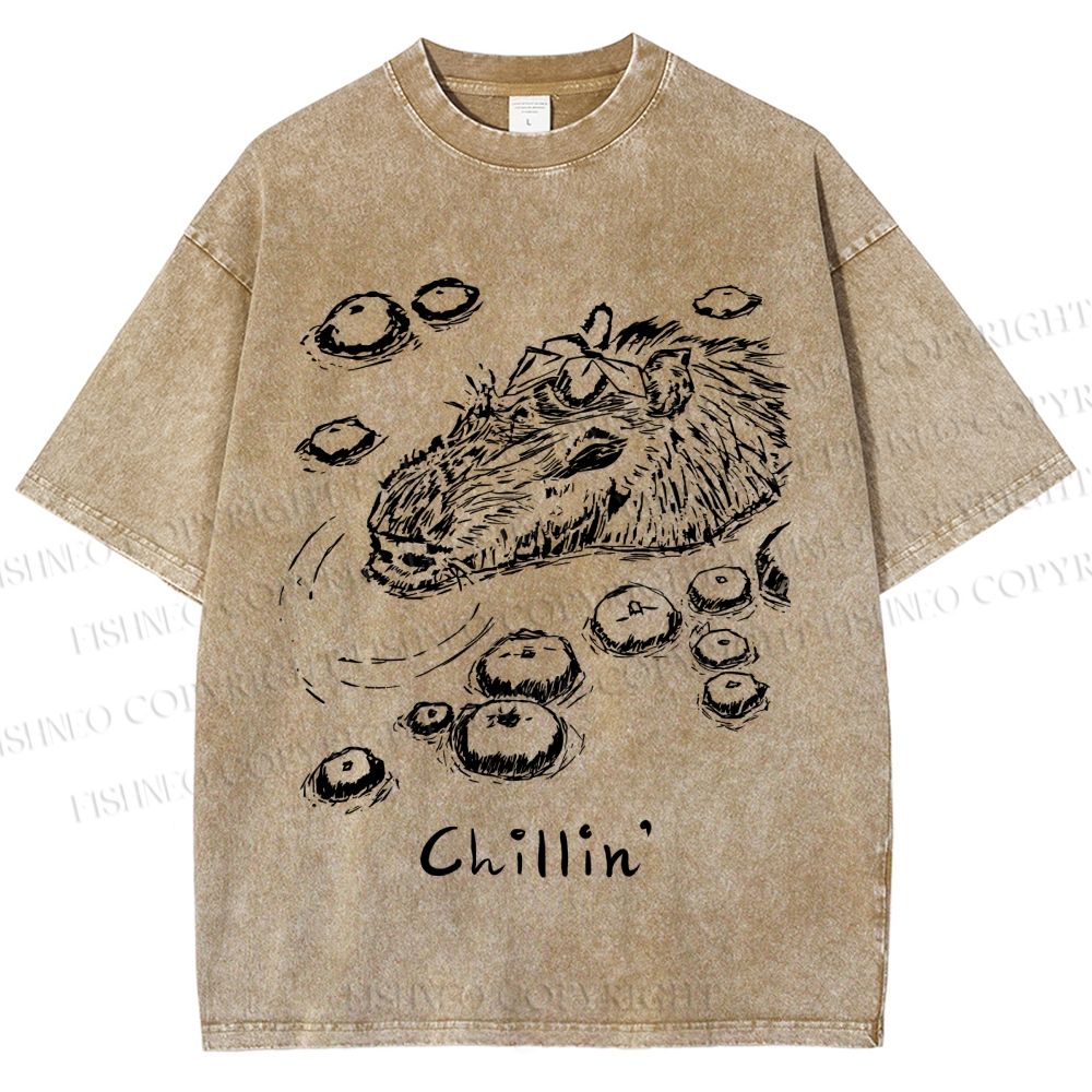 Unisex Vintage Chilling Capybara Printed Washed Tee