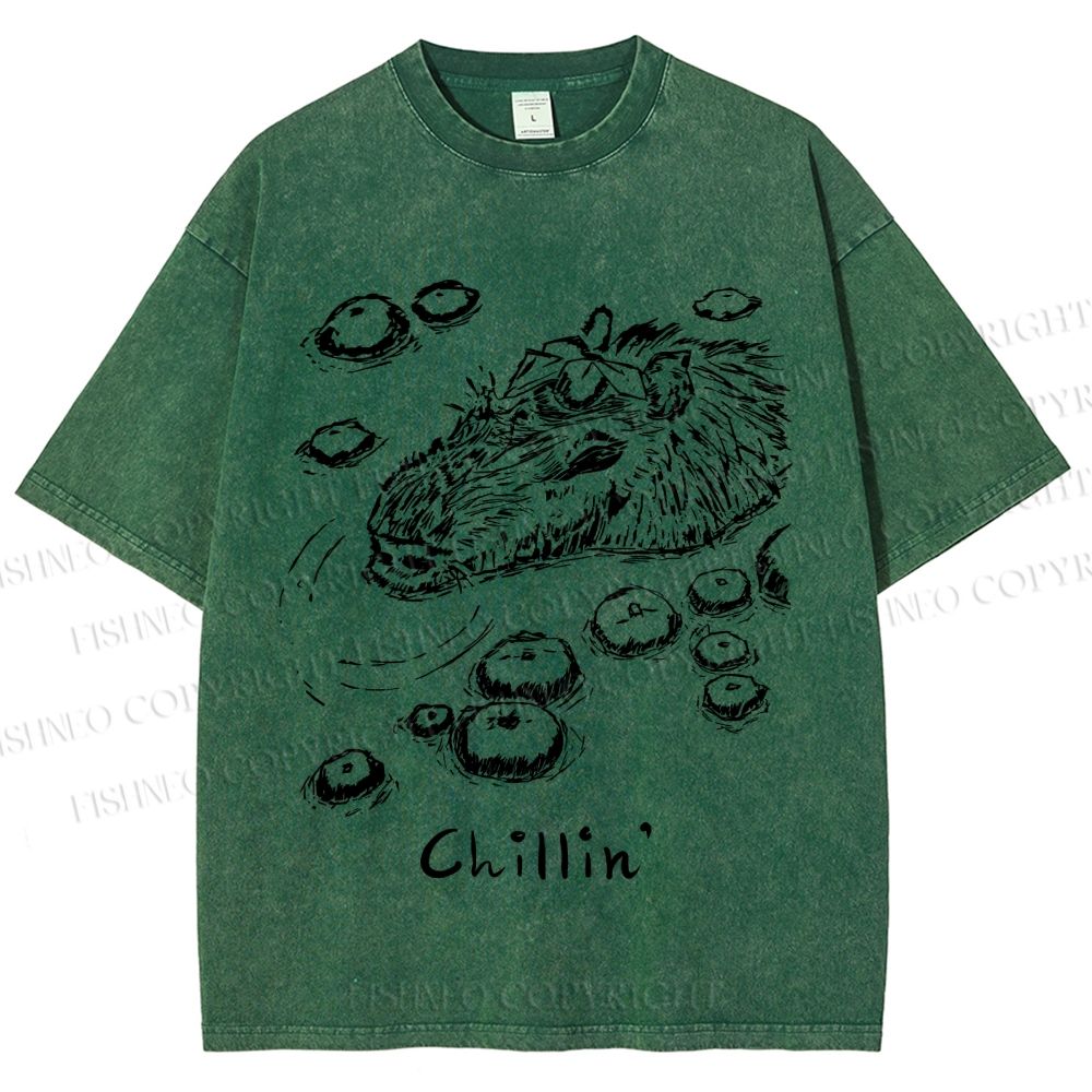 Unisex Vintage Chilling Capybara Printed Washed Tee