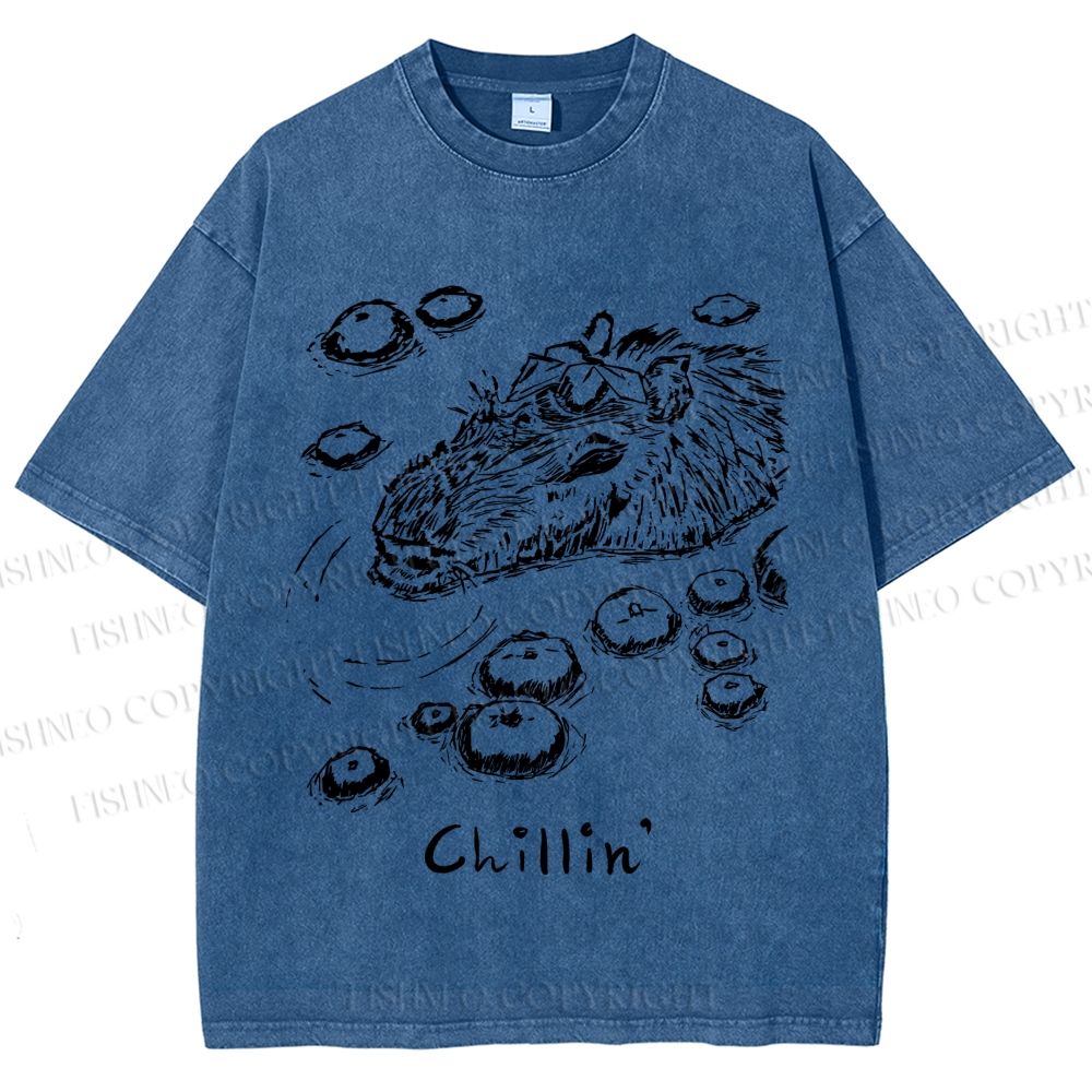 Unisex Vintage Chilling Capybara Printed Washed Tee