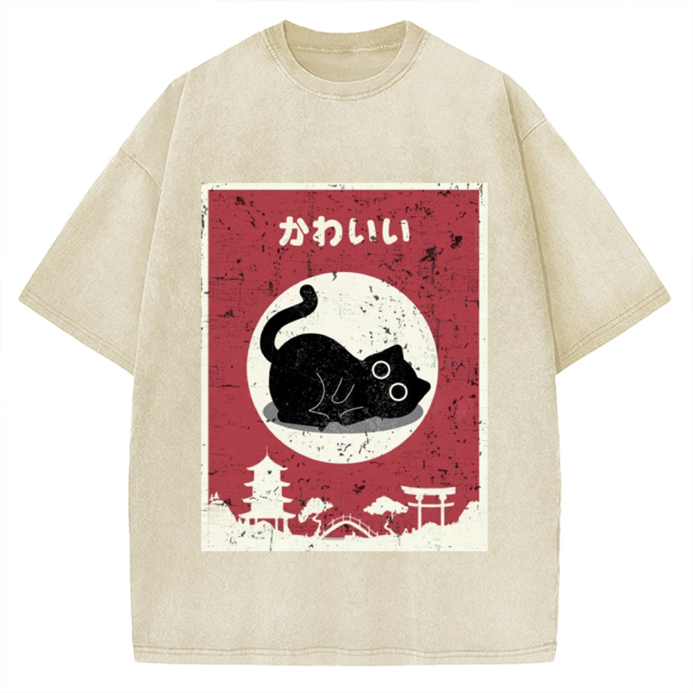 Kawaii Cute Cat Vintage Washed T-shirt