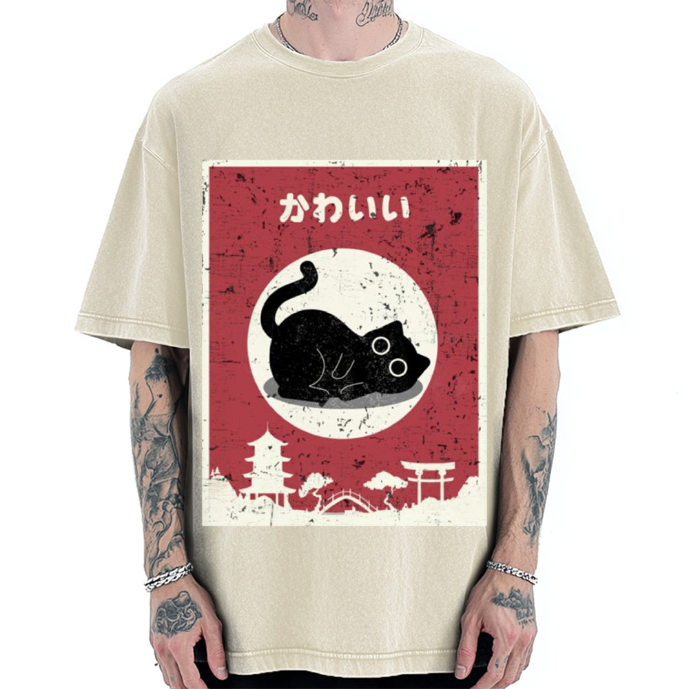 Kawaii Cute Cat Vintage Washed T-shirt