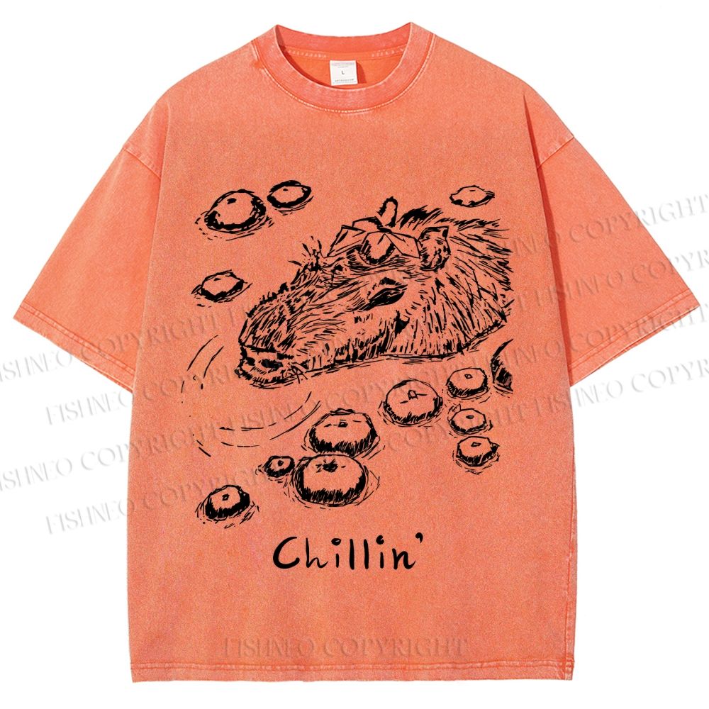 Unisex Vintage Chilling Capybara Printed Washed Tee