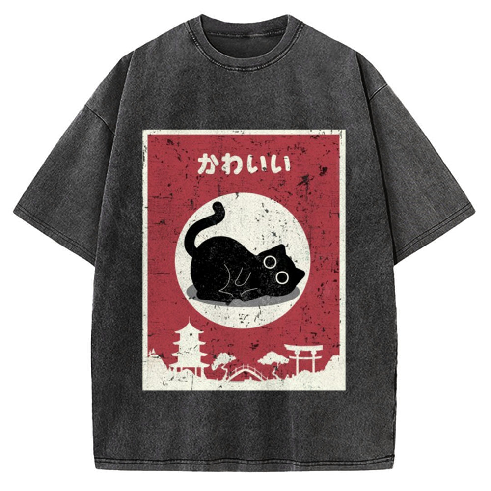 Kawaii Cute Cat Vintage Washed T-shirt