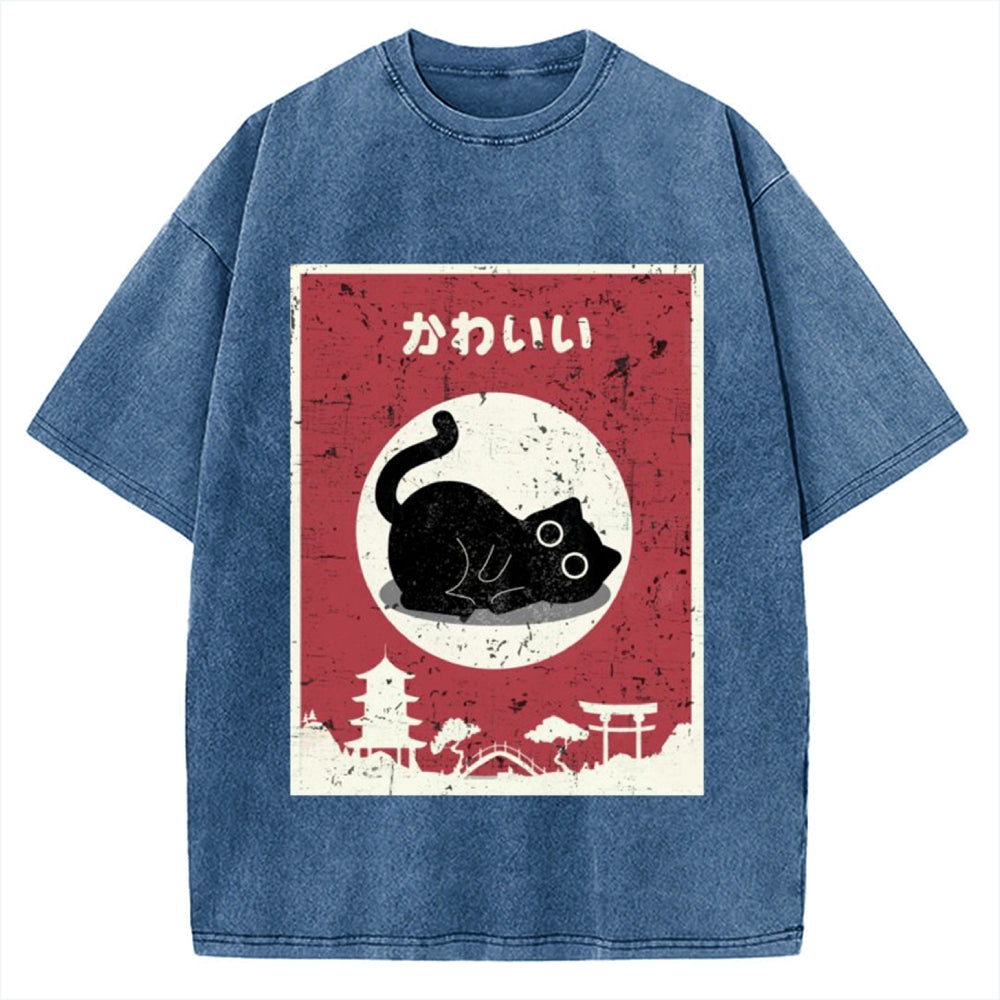 Kawaii Cute Cat Vintage Washed T-shirt