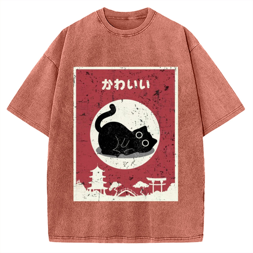 Kawaii Cute Cat Vintage Washed T-shirt