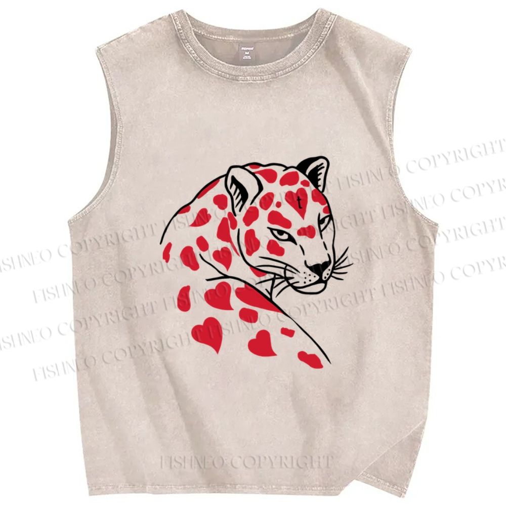 Unisex Heart Leopard Printed Washed Tank Top