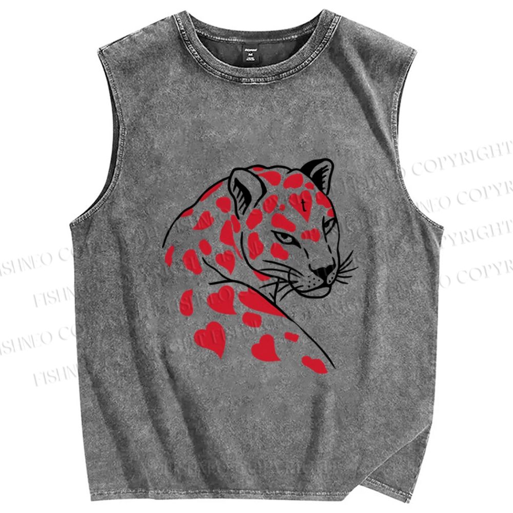 Unisex Heart Leopard Printed Washed Tank Top