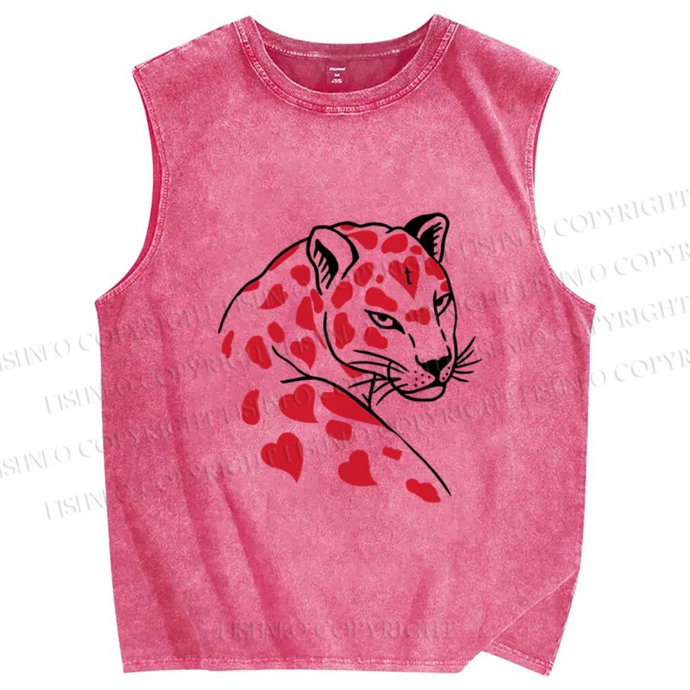 Unisex Heart Leopard Printed Washed Tank Top