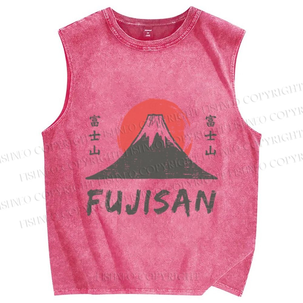 Unisex Vintage Japanese Art Mount Fuji Printed Washed Tank Top