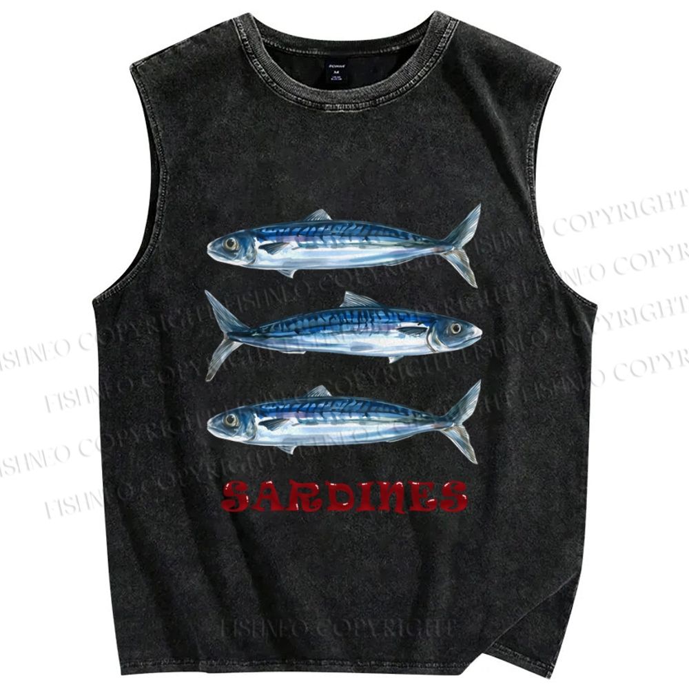 Unisex Vintage Sardine Fish Printed Washed Tank Top