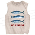 Unisex Vintage Sardine Fish Printed Washed Tank Top