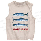 Unisex Vintage Sardine Fish Printed Washed Tank Top