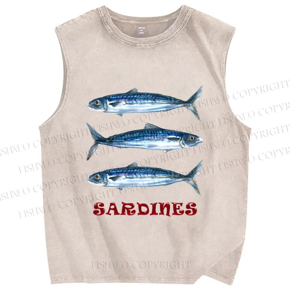 Unisex Vintage Sardine Fish Printed Washed Tank Top