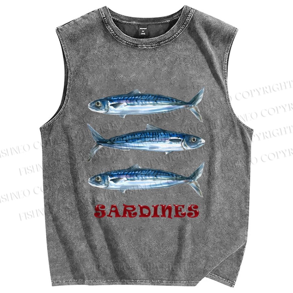 Unisex Vintage Sardine Fish Printed Washed Tank Top