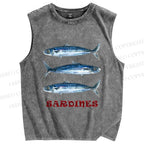 Unisex Vintage Sardine Fish Printed Washed Tank Top