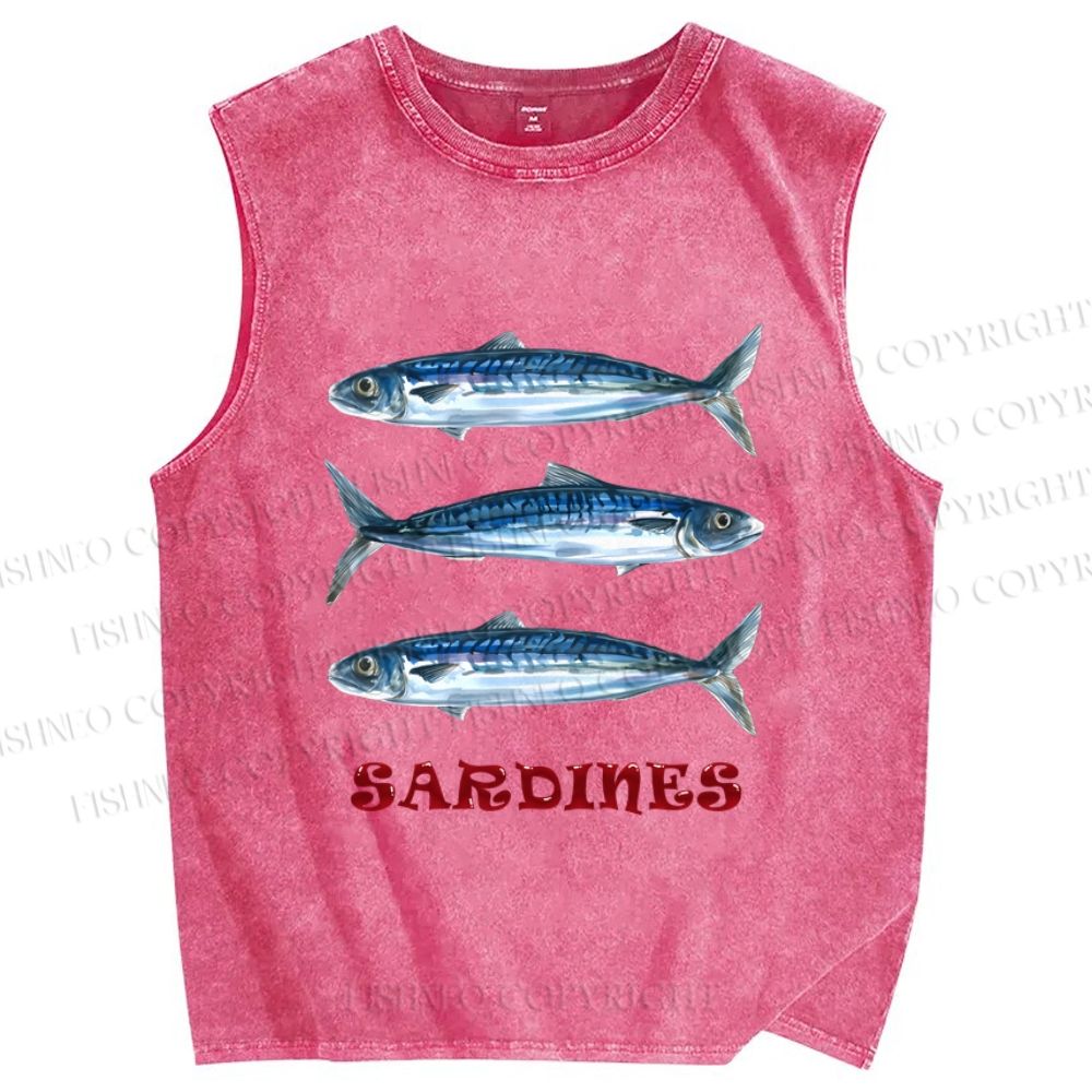 Unisex Vintage Sardine Fish Printed Washed Tank Top
