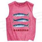 Unisex Vintage Sardine Fish Printed Washed Tank Top