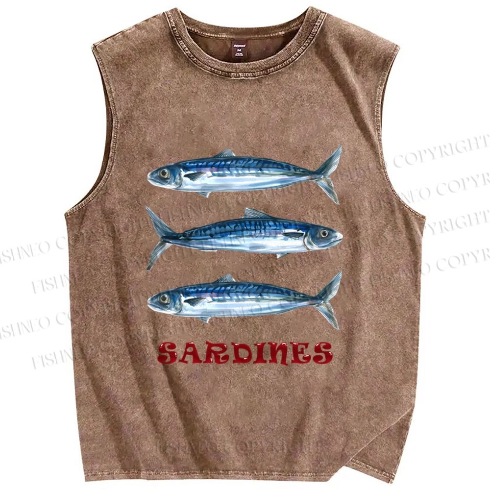 Unisex Vintage Sardine Fish Printed Washed Tank Top