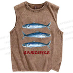 Unisex Vintage Sardine Fish Printed Washed Tank Top
