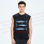 Unisex Vintage Sardine Fish Printed Washed Tank Top