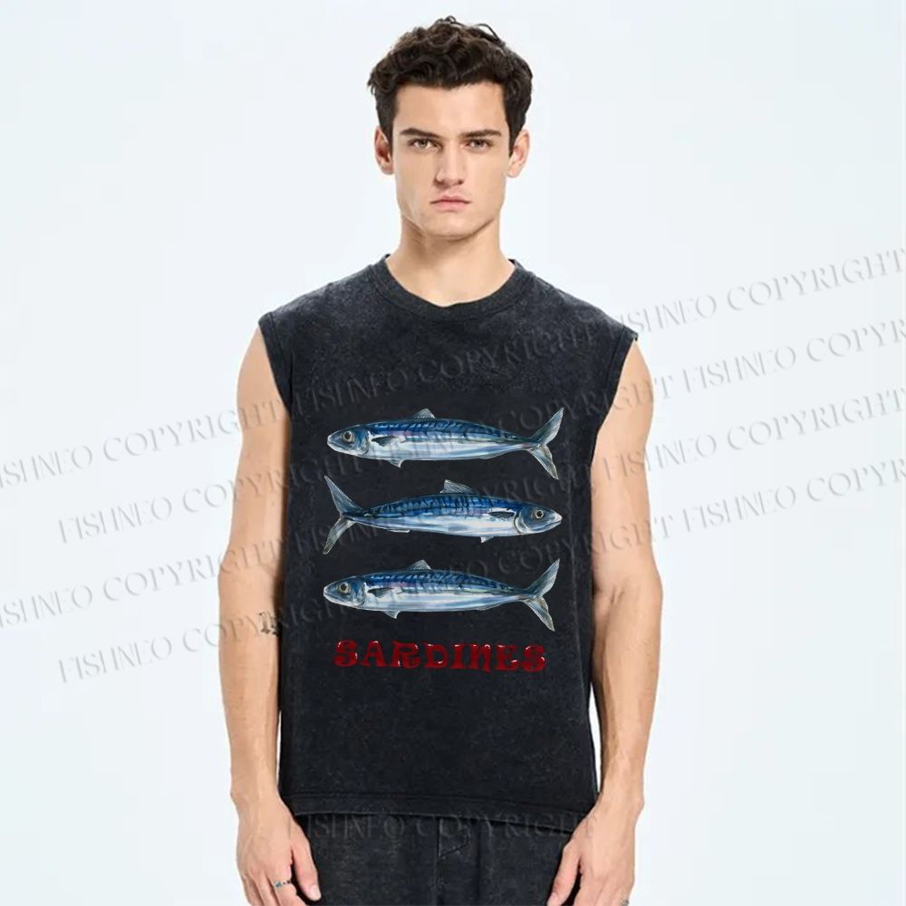 Unisex Vintage Sardine Fish Printed Washed Tank Top