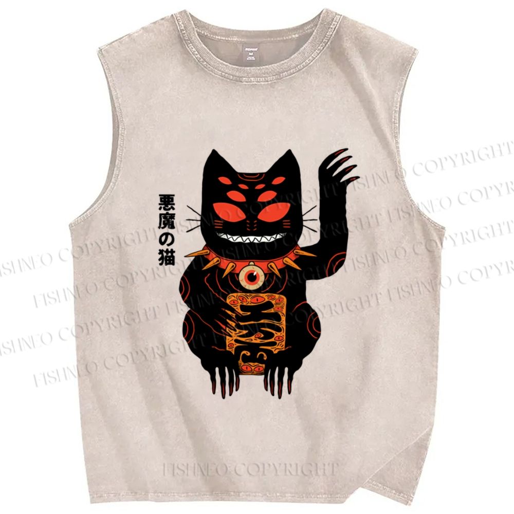 Unisex Vintage Demon Cat Printed Washed Tank Top