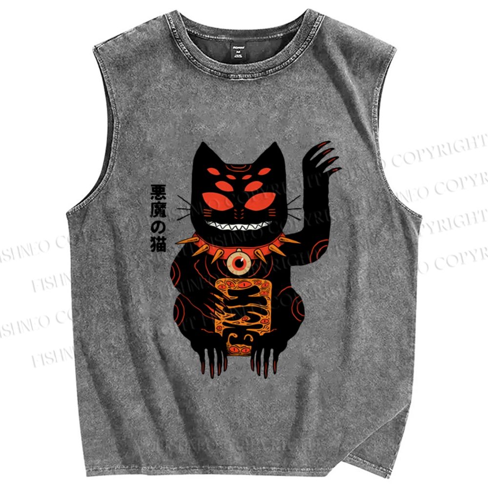 Unisex Vintage Demon Cat Printed Washed Tank Top