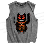 Unisex Vintage Demon Cat Printed Washed Tank Top