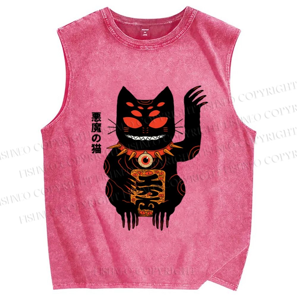Unisex Vintage Demon Cat Printed Washed Tank Top