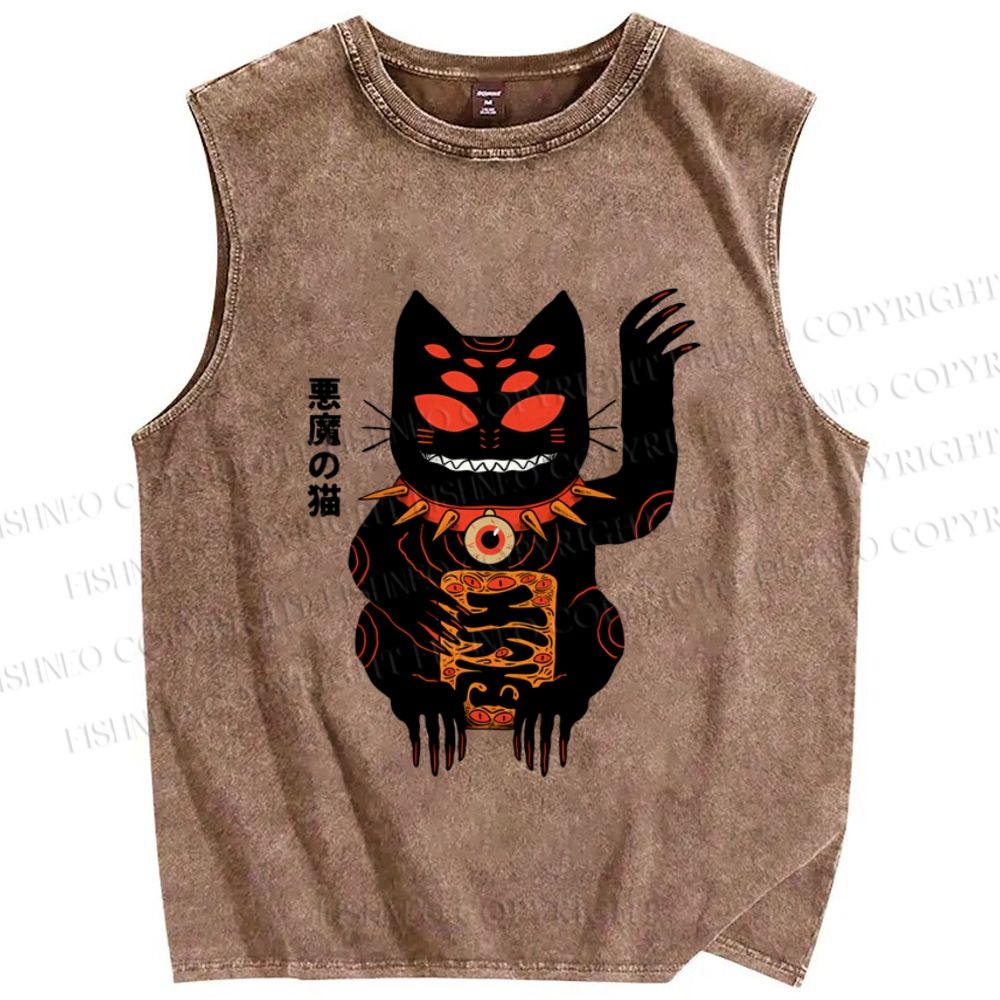 Unisex Vintage Demon Cat Printed Washed Tank Top