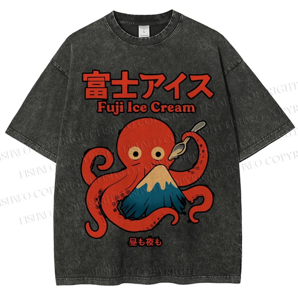 Unisex Octopus Eating Mount Fuji Printed Washed Tee