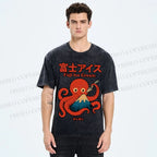 Unisex Octopus Eating Mount Fuji Printed Washed Tee