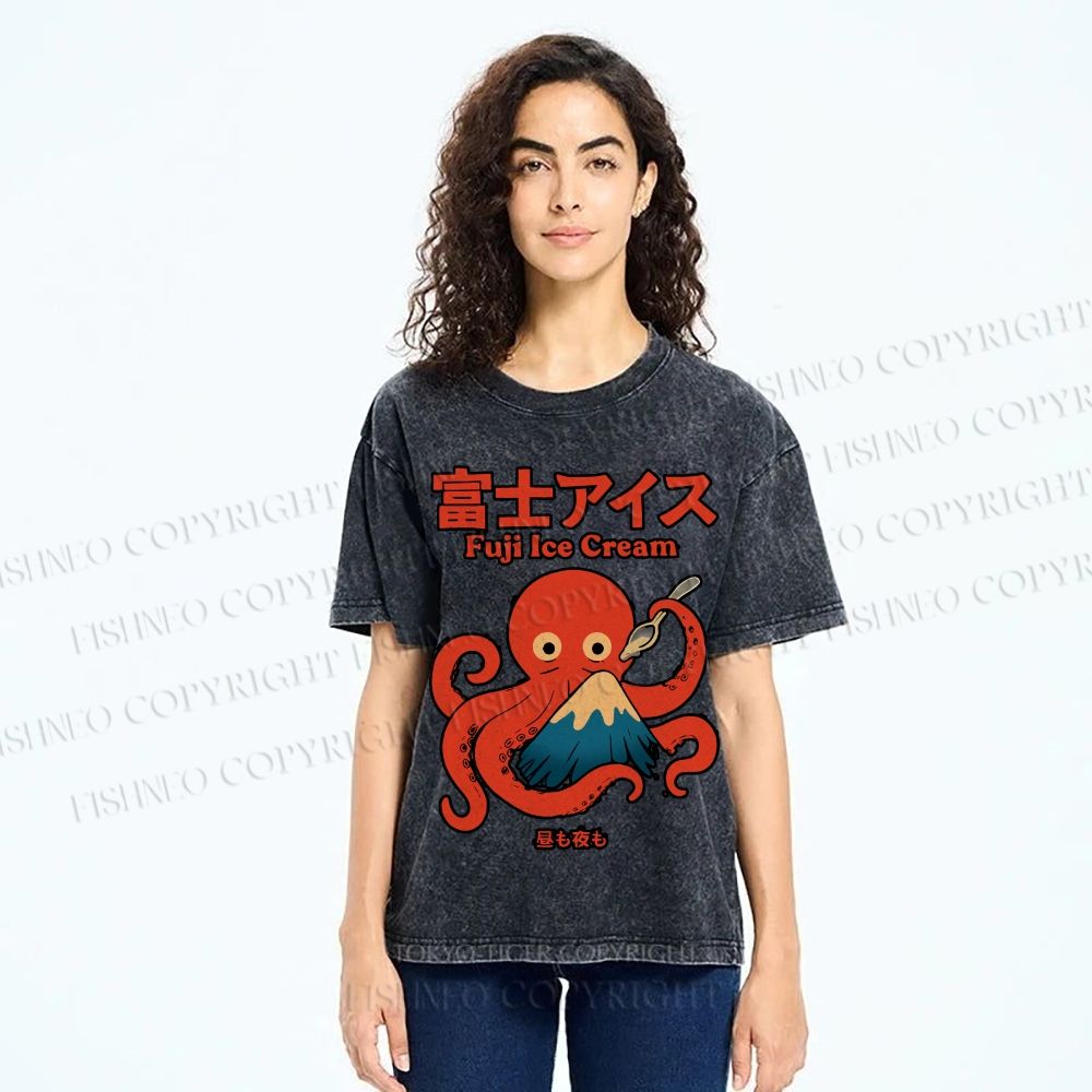 Unisex Octopus Eating Mount Fuji Printed Washed Tee