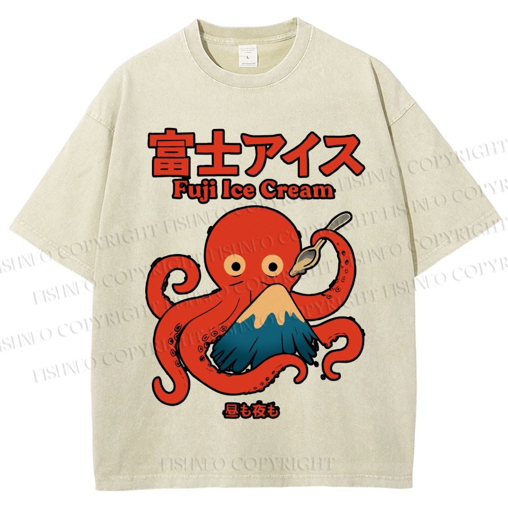Unisex Octopus Eating Mount Fuji Printed Washed Tee