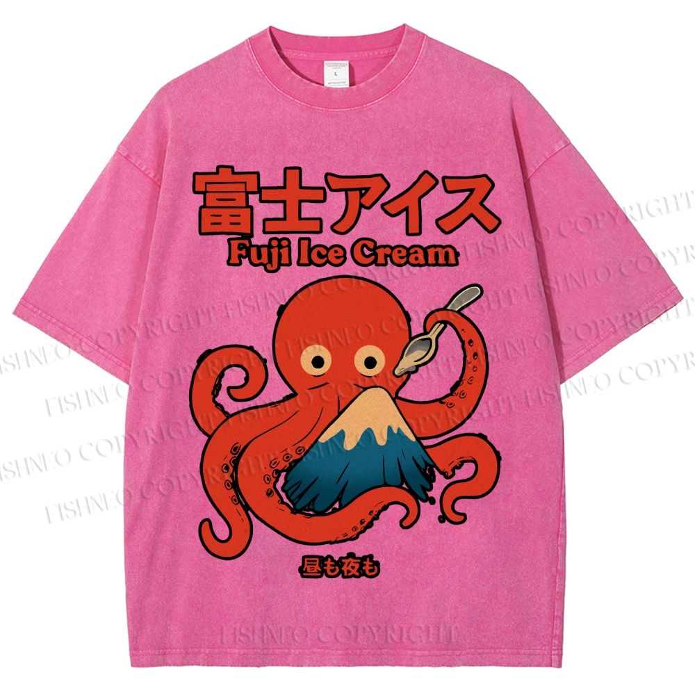 Unisex Octopus Eating Mount Fuji Printed Washed Tee