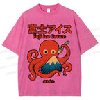 Unisex Octopus Eating Mount Fuji Printed Washed Tee