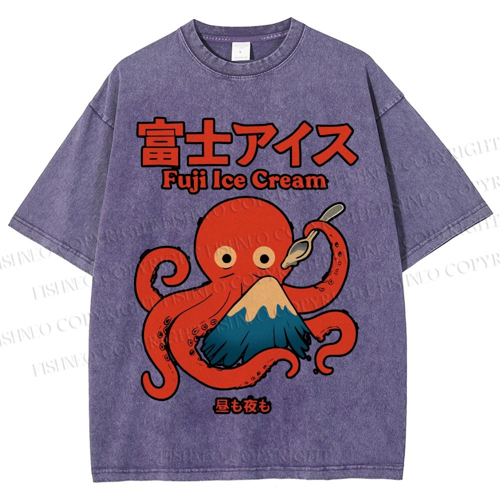 Unisex Octopus Eating Mount Fuji Printed Washed Tee