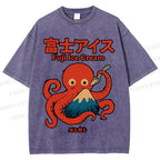 Unisex Octopus Eating Mount Fuji Printed Washed Tee