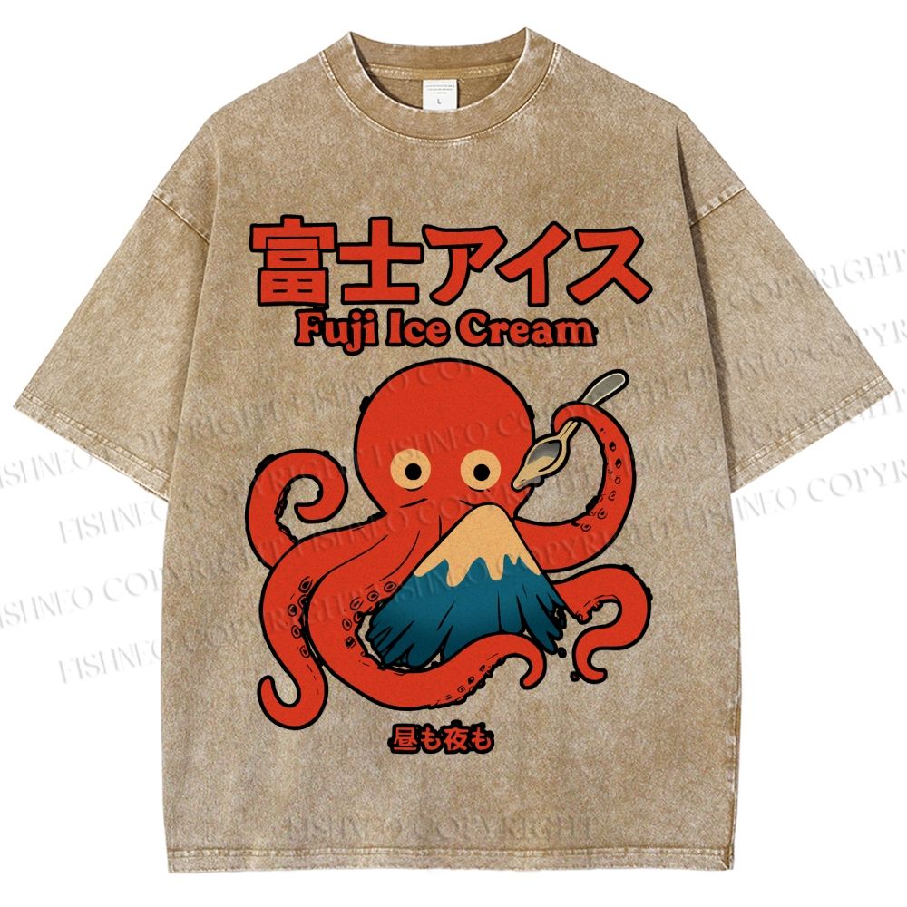 Unisex Octopus Eating Mount Fuji Printed Washed Tee