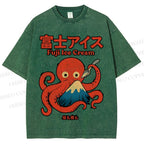Unisex Octopus Eating Mount Fuji Printed Washed Tee
