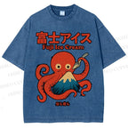 Unisex Octopus Eating Mount Fuji Printed Washed Tee