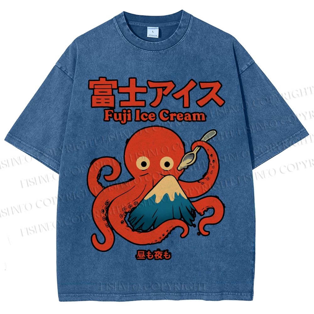 Unisex Octopus Eating Mount Fuji Printed Washed Tee