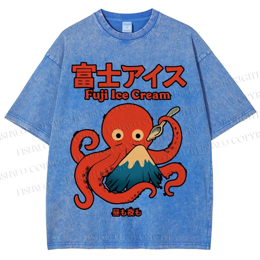 Unisex Octopus Eating Mount Fuji Printed Washed Tee