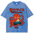 Unisex Octopus Eating Mount Fuji Printed Washed Tee