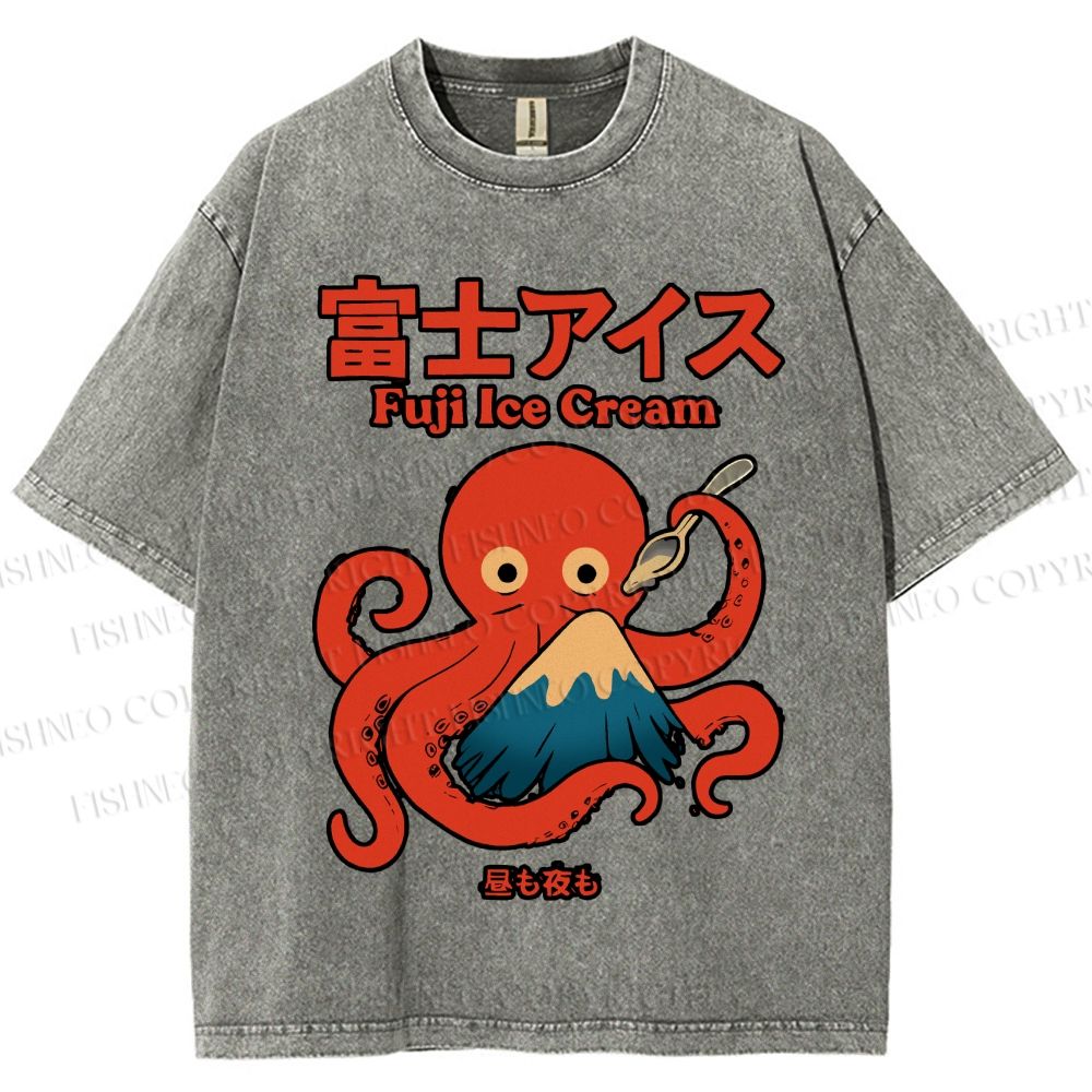Unisex Octopus Eating Mount Fuji Printed Washed Tee