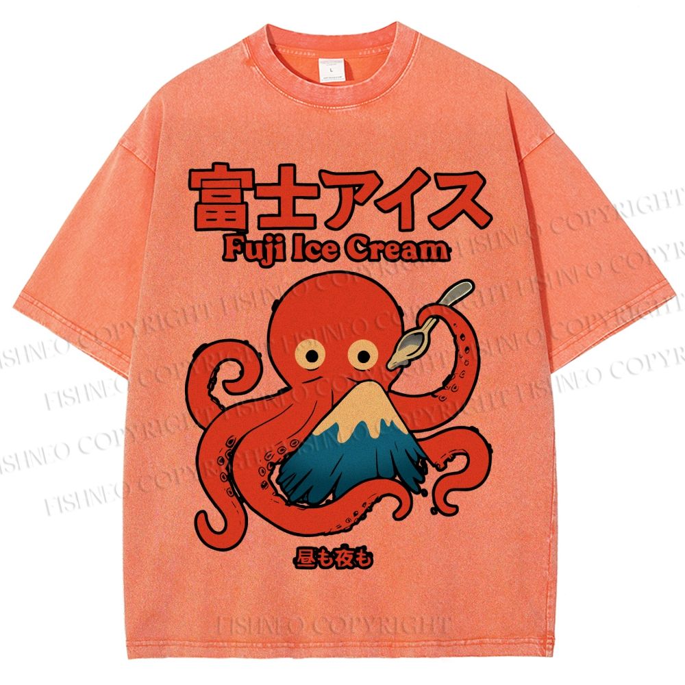 Unisex Octopus Eating Mount Fuji Printed Washed Tee