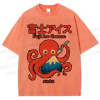 Unisex Octopus Eating Mount Fuji Printed Washed Tee