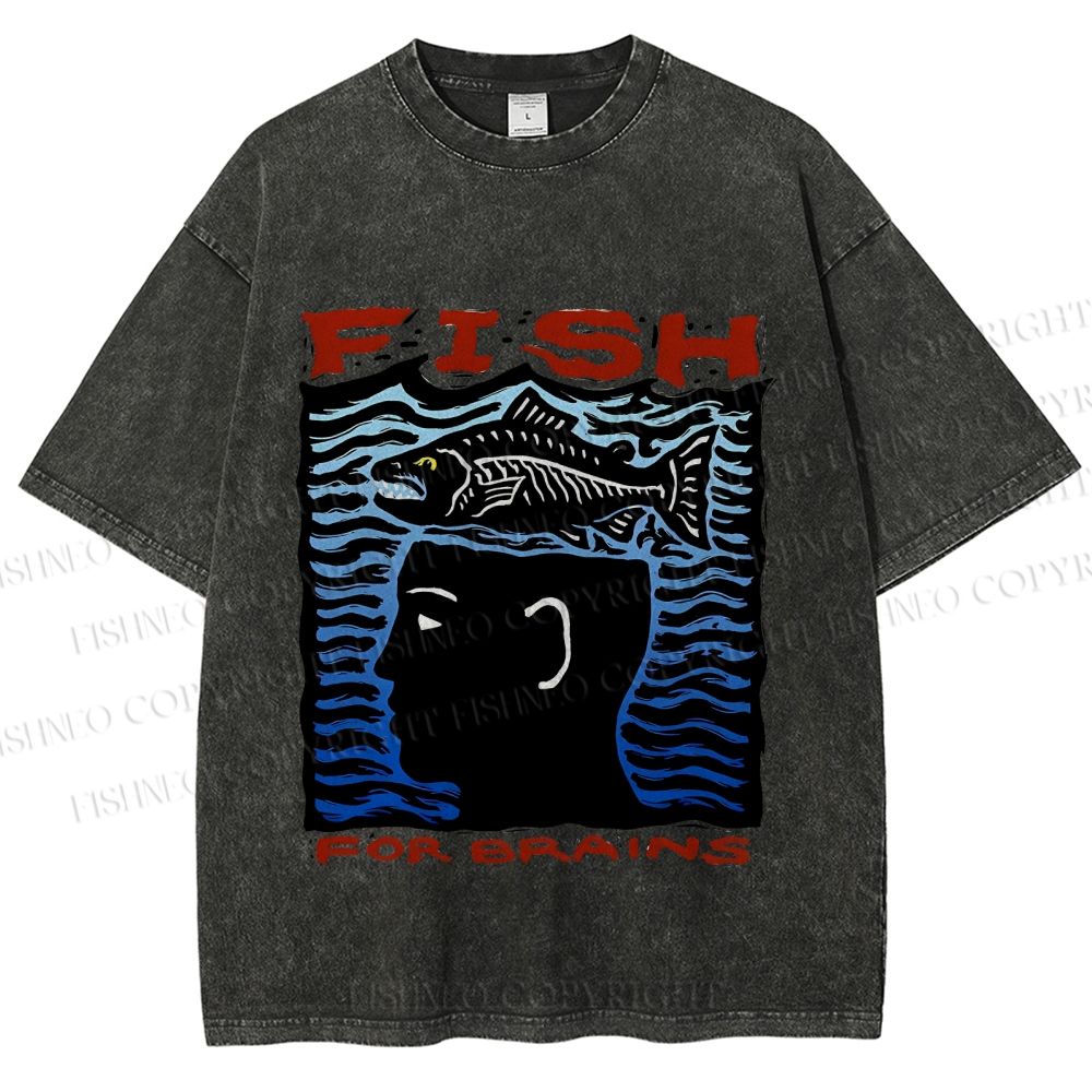 Unisex Vintage Fish For Brain Printed Washed Tee