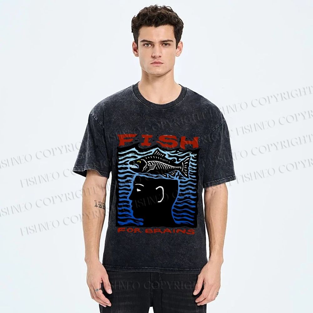 Unisex Vintage Fish For Brain Printed Washed Tee